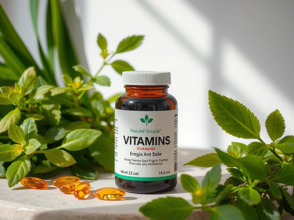 Diverses vitamines et minéraux sous forme de pilules colorées dans des contenants transparents, avec des icônes représentant leurs bienfaits spécifiques.